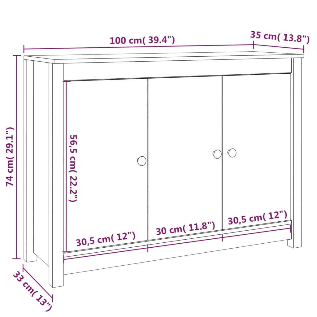 vidaXL Credenza Bianca 100x35x74 cm in Legno Massello di Pino