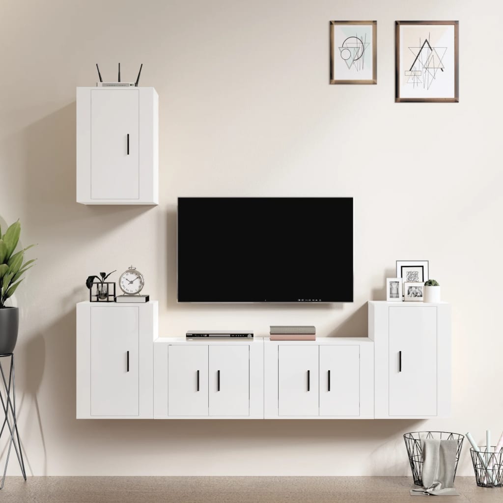 vidaXL Set di Mobili Porta TV 5 pz Bianco Lucido in Legno Multistrato