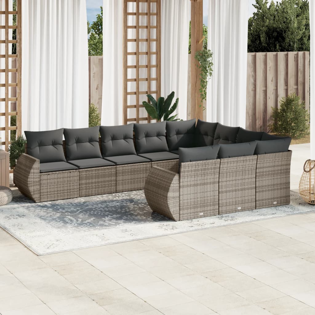 vidaXL Set Divano da Giardino 10 pz con Cuscini Grigio in Polyrattan