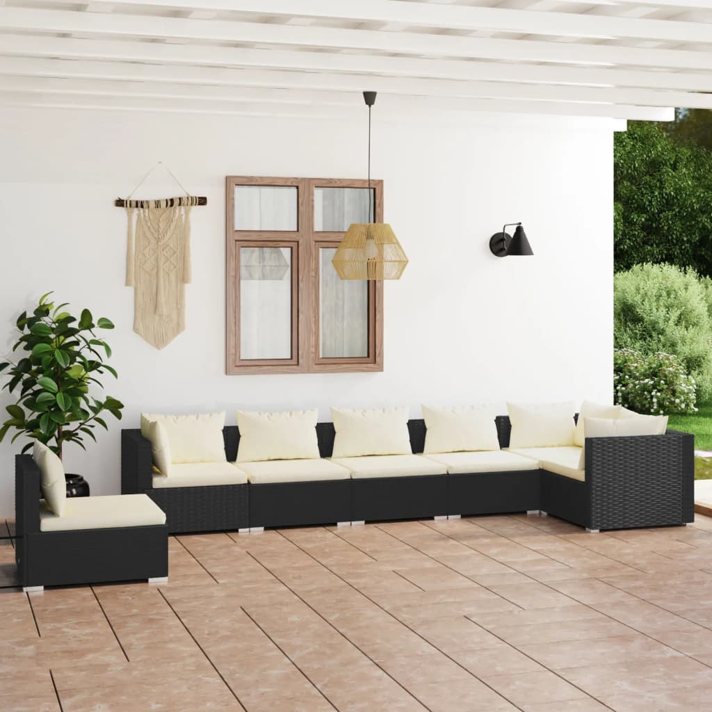 vidaXL Set Divani da Giardino 7 pz con Cuscini in Polyrattan Nero