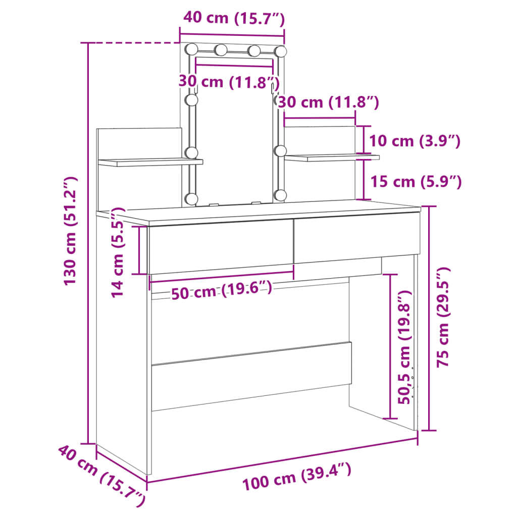 vidaXL Toeletta con LED Rovere Fumo 100x40x130 cm