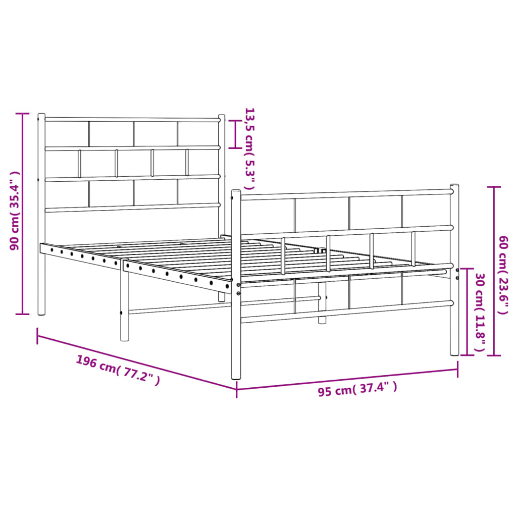 vidaXL Giroletto con Testiera e Pediera Metallo Bianco 90x190 cm