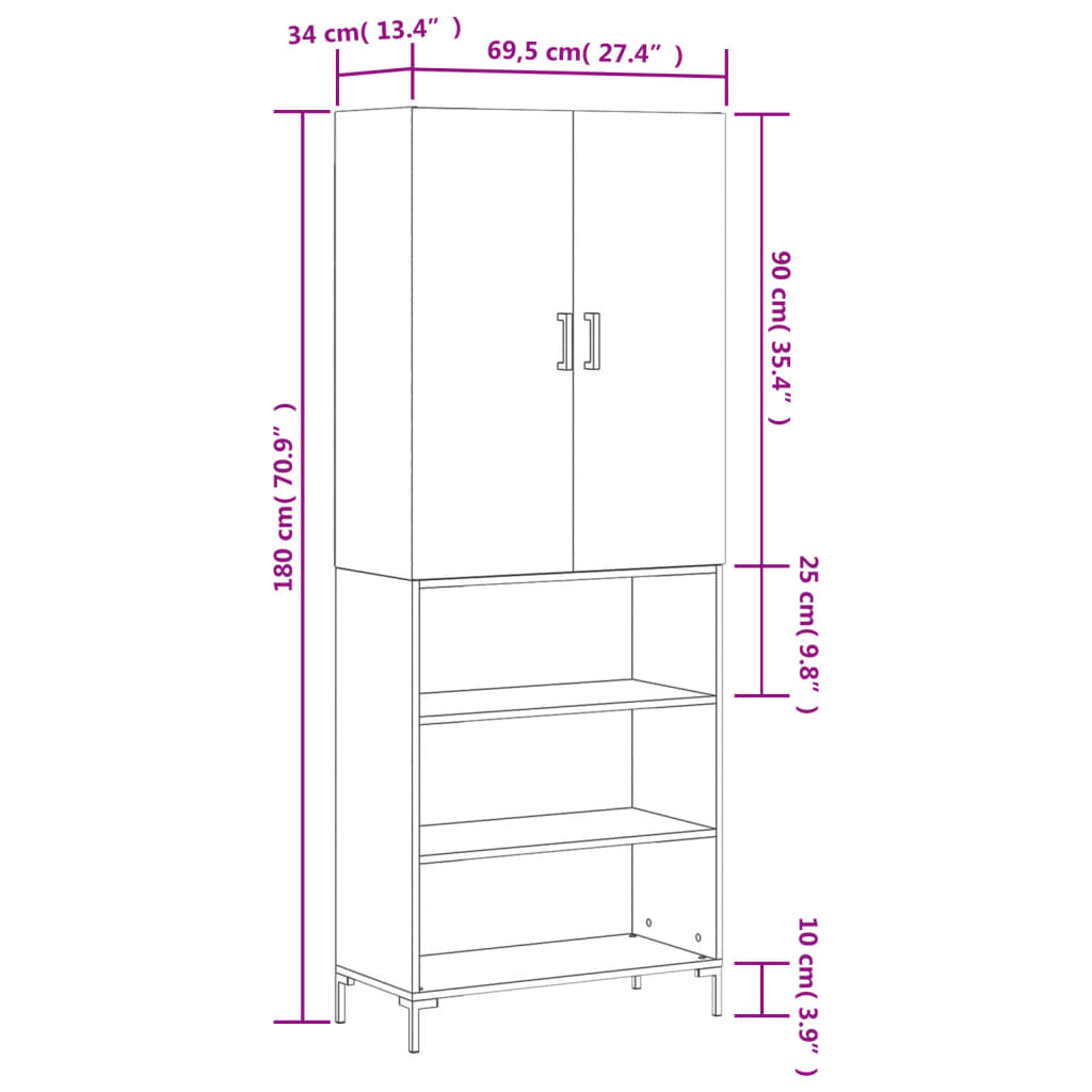 vidaXL Credenza Grigio Cemento 69,5x34x180 cm in Legno Multistrato