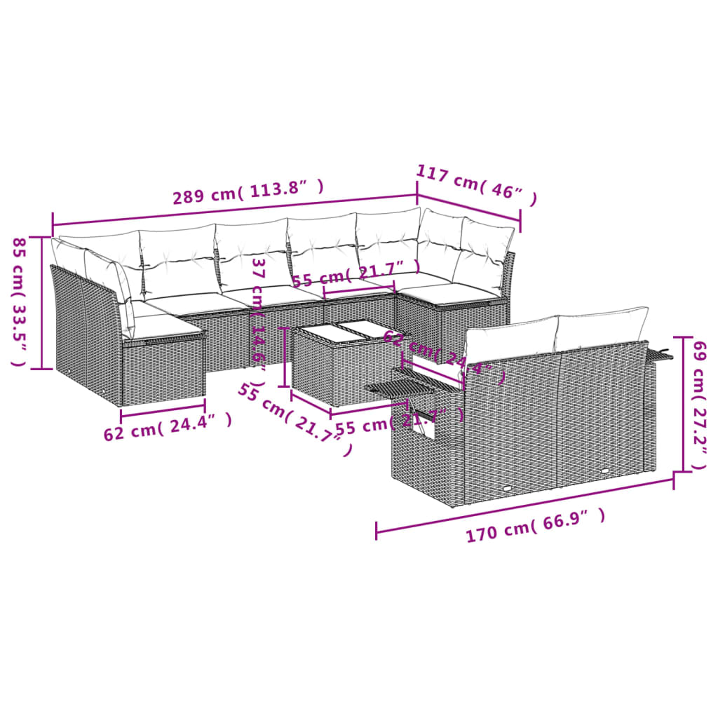 vidaXL Set Divani da Giardino 10pz con Cuscini in Polyrattan Nero