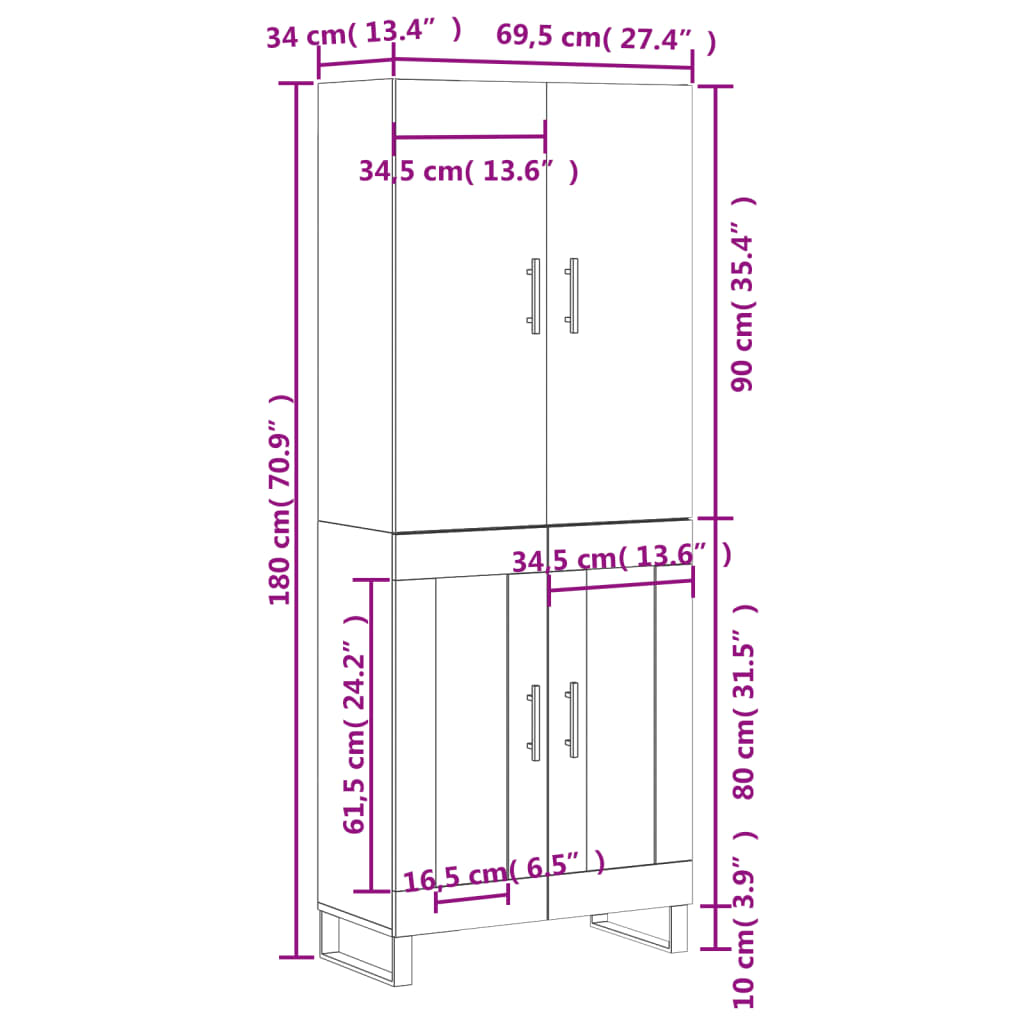 vidaXL Credenza Bianca 69,5x34x180 cm in Legno Multistrato