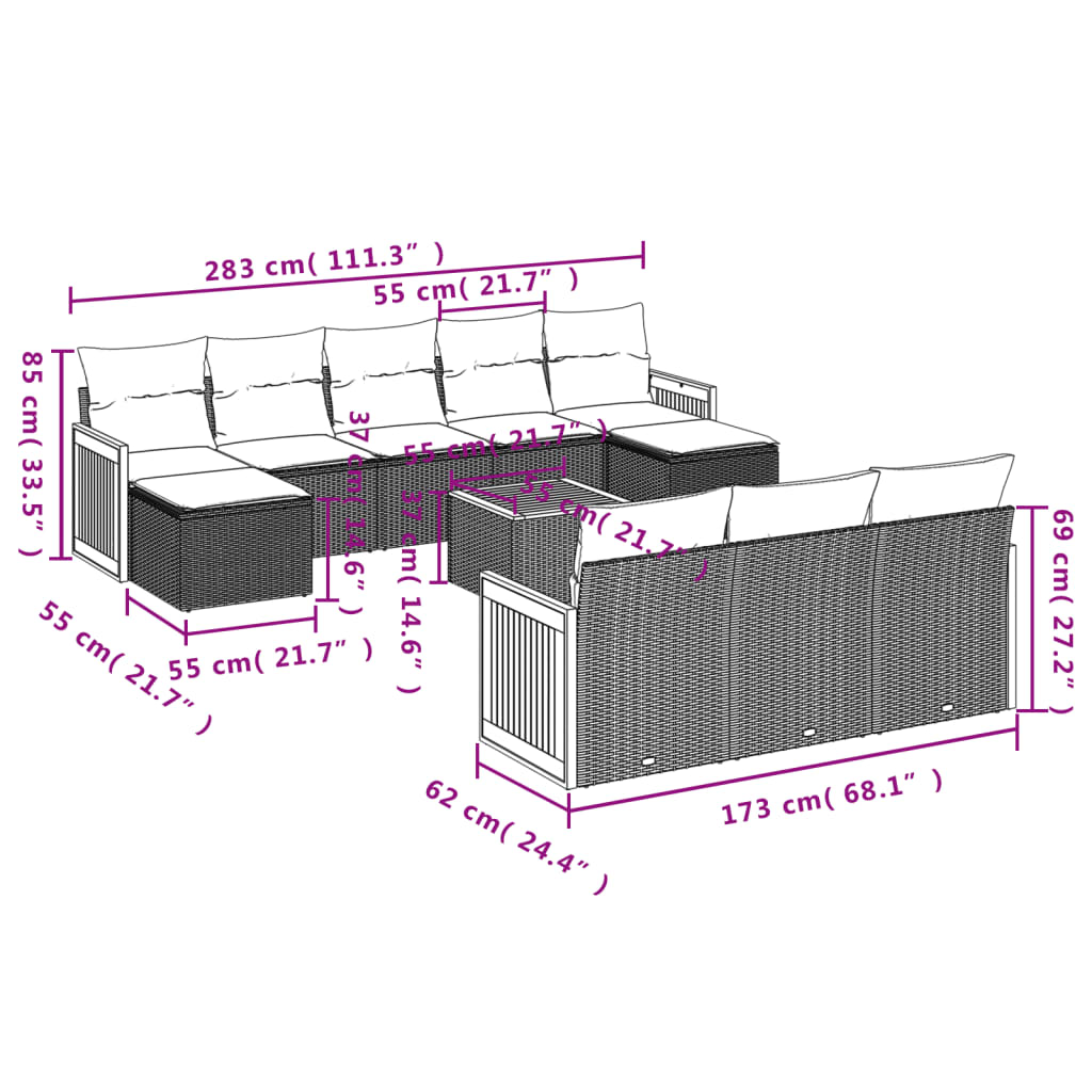 vidaXL Set Divani da Giardino 11 pz con Cuscini in Polyrattan Grigio