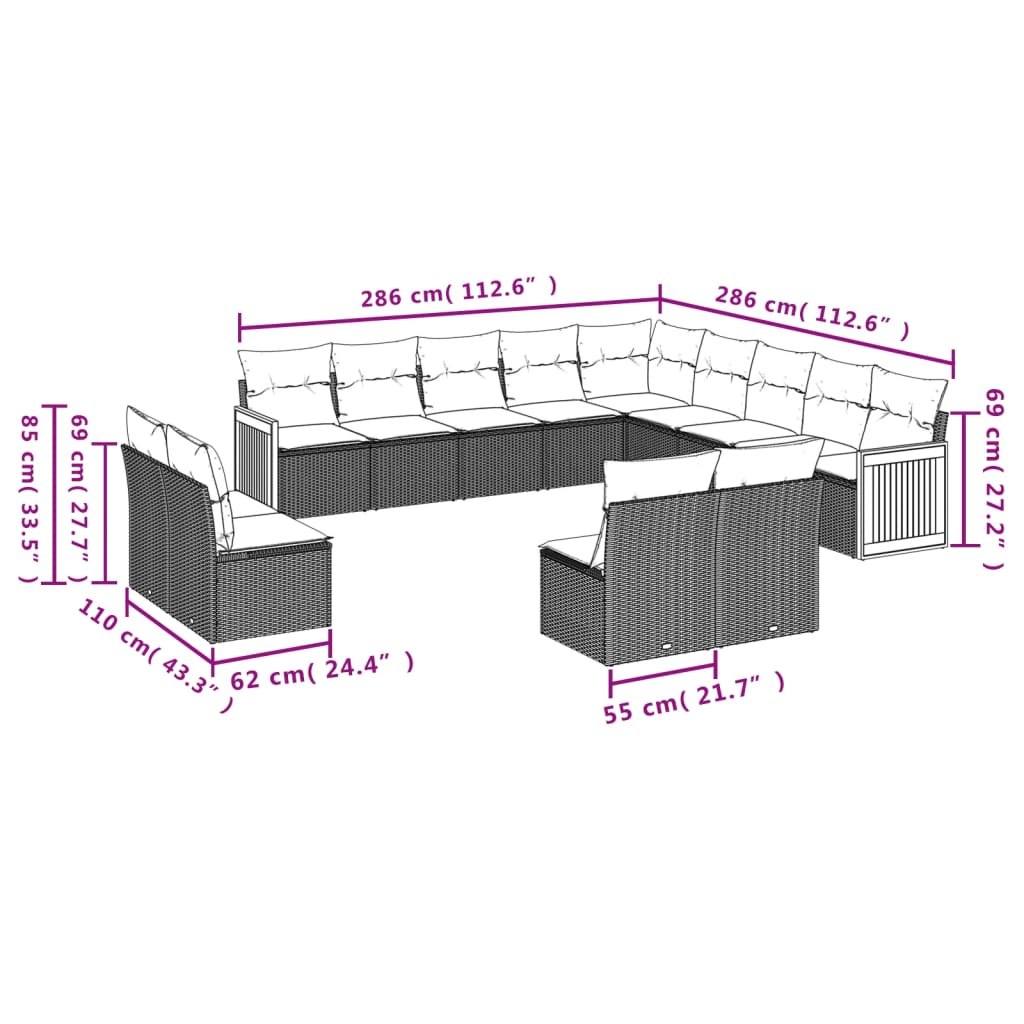 vidaXL Set Divani da Giardino 13 pz con Cuscini Grigio in Polyrattan