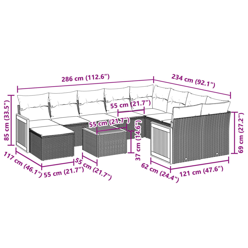 vidaXL Set Divani da Giardino 11 pz con Cuscini in Polyrattan Nero