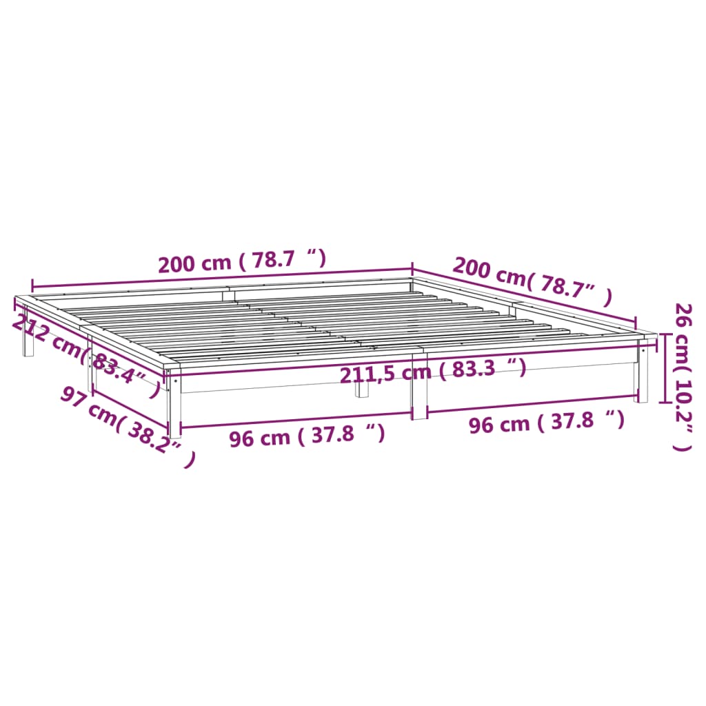 vidaXL Giroletto con LED Grigio 200x200 cm in Legno Massello