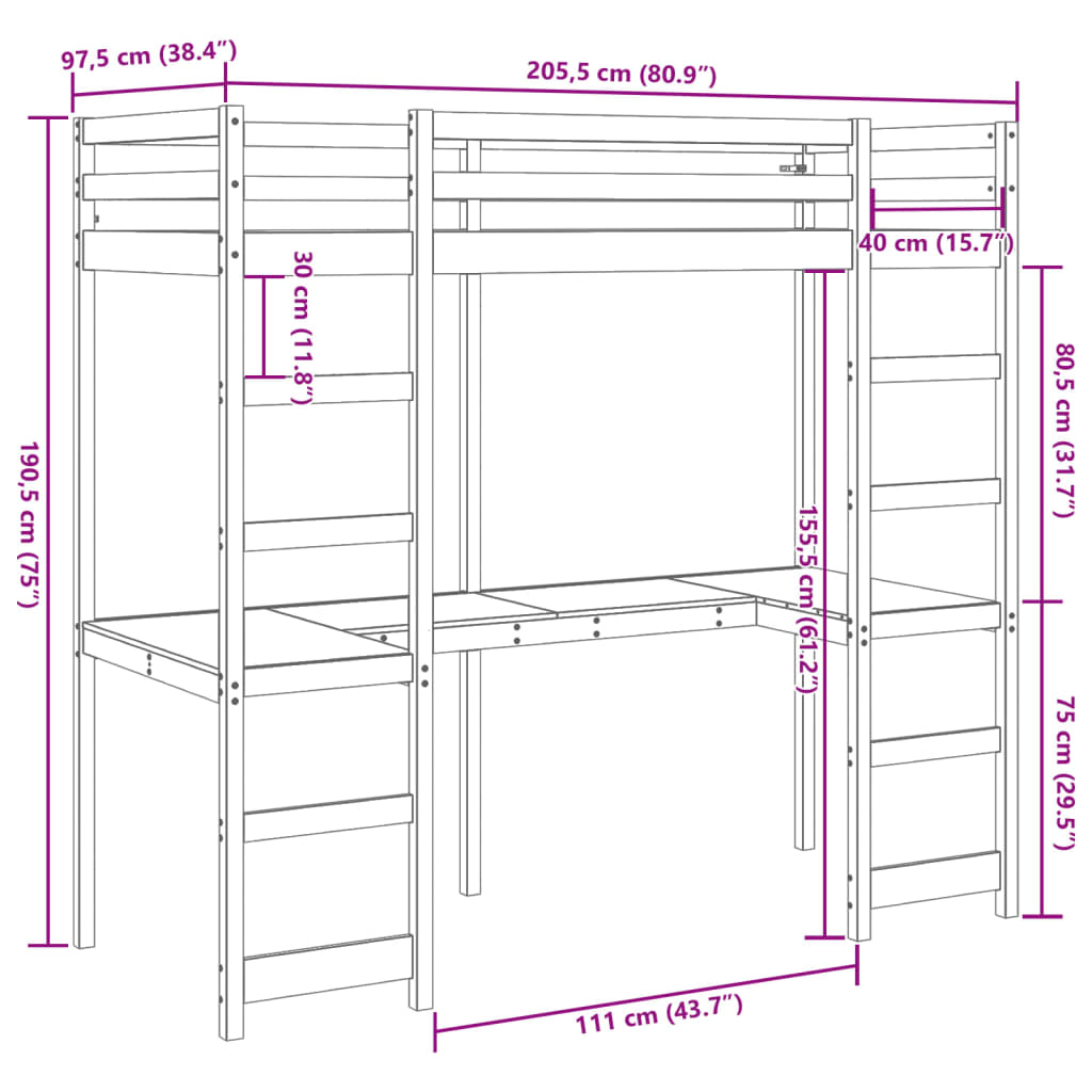 vidaXL Letto a Soppalco con Scrivania 90x200 cm Legno Massello Pino