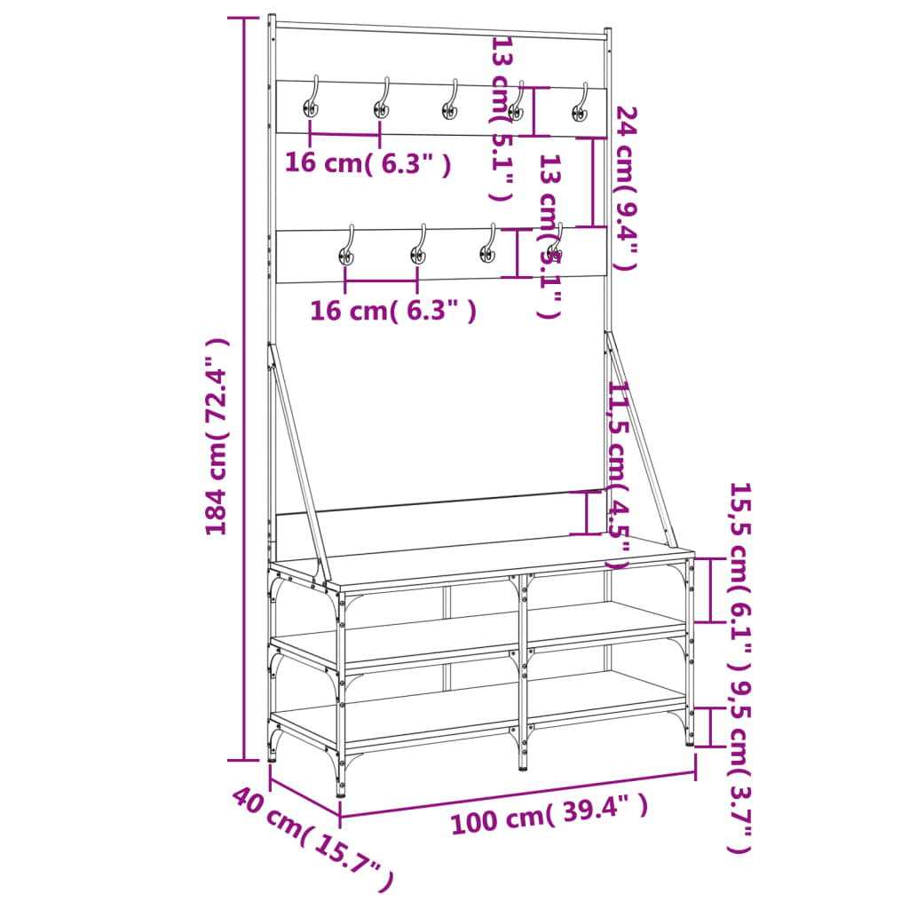 vidaXL Appendiabiti con Porta Scarpe Rovere Fumo 100x40x184 cm