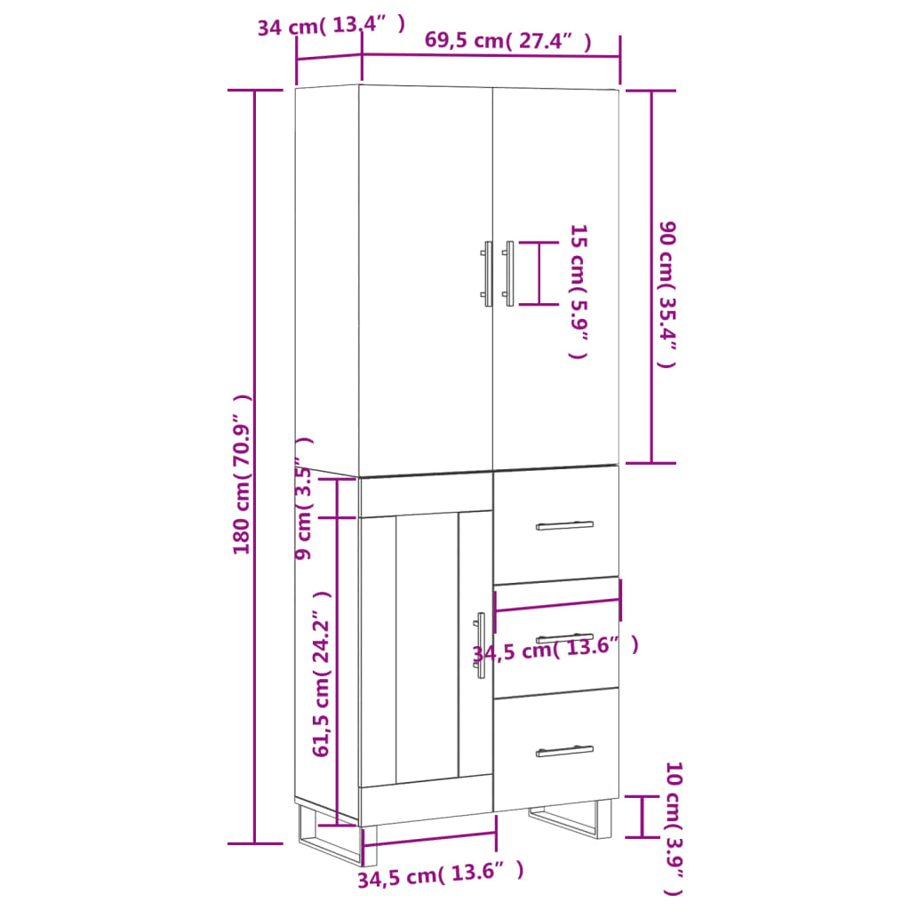 vidaXL Credenza Bianca 69,5x34x180 cm in Legno Multistrato