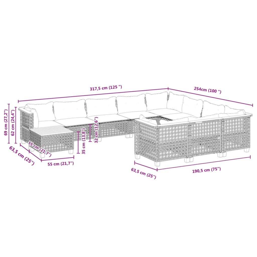 vidaXL Set Divani da Giardino 11 pz con Cuscini in Polyrattan Nero