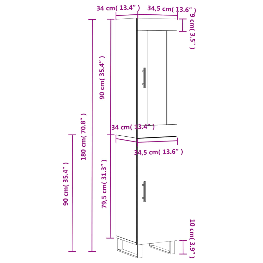 vidaXL Credenza Grigio Sonoma 34,5x34x180 cm in Legno Multistrato