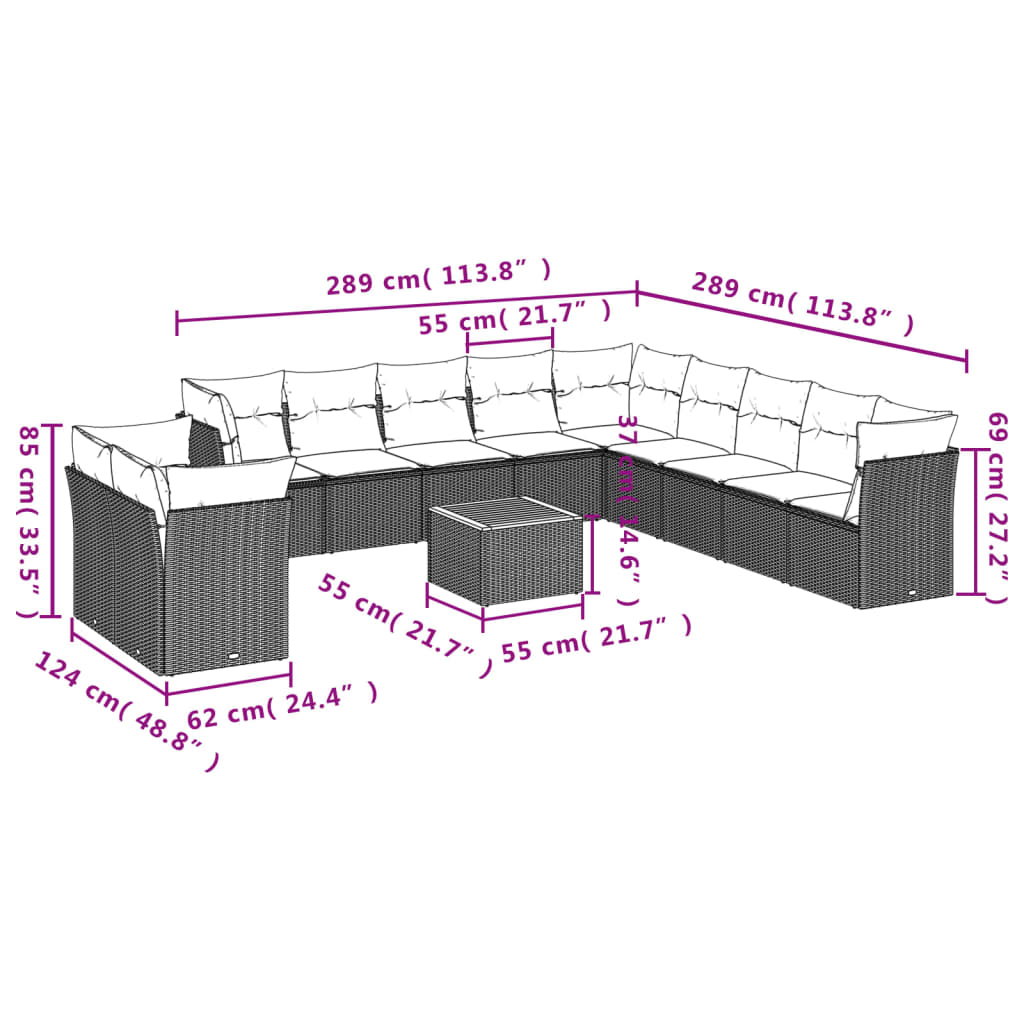 vidaXL Set Divani da Giardino 12 pz con Cuscini Nero in Polyrattan