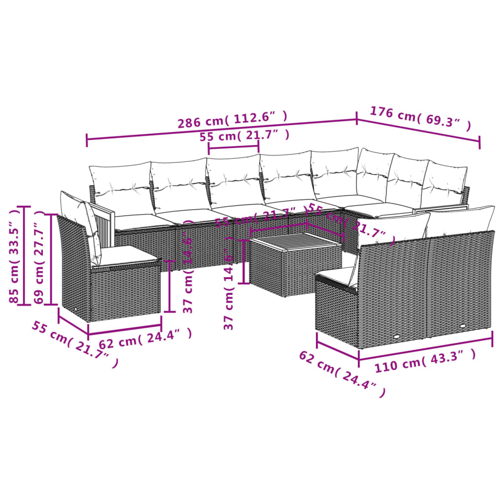 vidaXL Set Divani da Giardino 11 pz con Cuscini Beige in Polyrattan