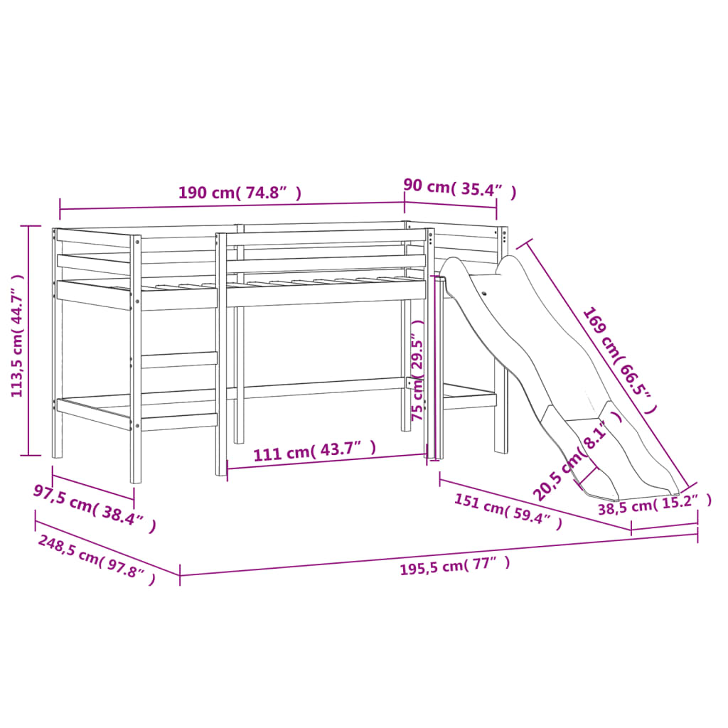 vidaXL Letto a Soppalco con Tende Bambini Rosa 90x190 cm Massello Pino