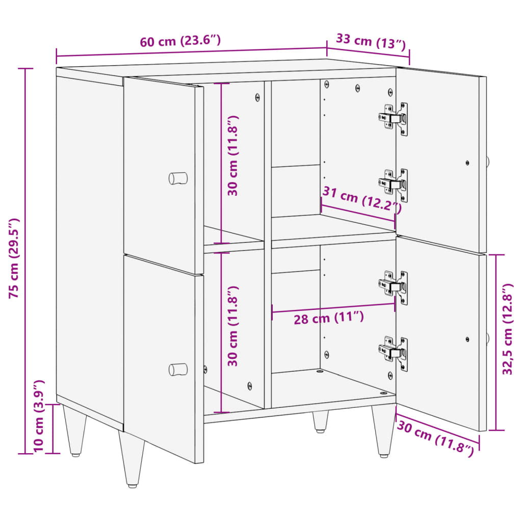 vidaXL Credenza 60x33x75 cm in Legno Massello di Mango