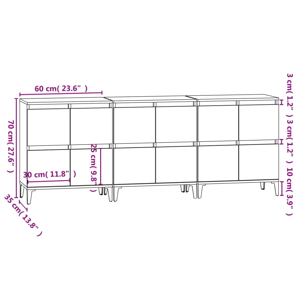 vidaXL Credenze 3pz Grigio Sonoma 60x35x70 cm in Legno Multistrato