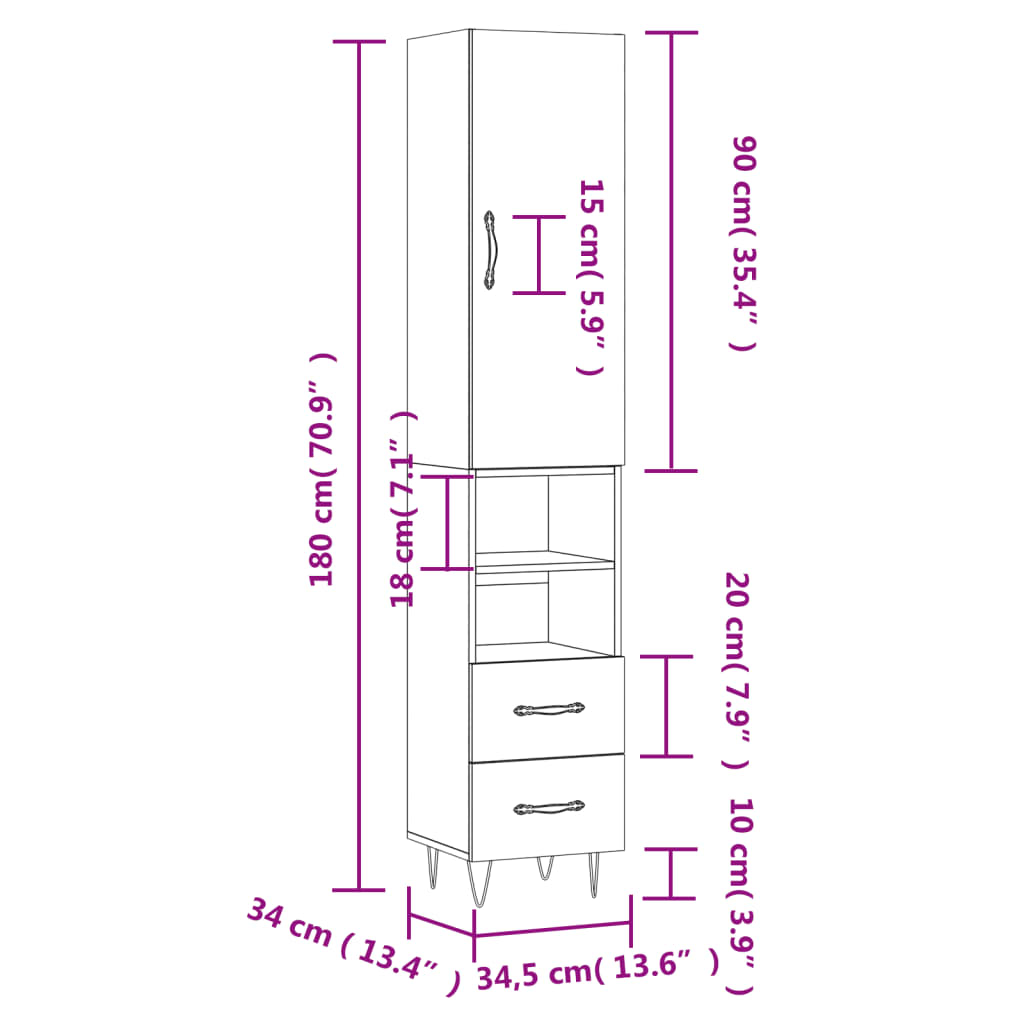 vidaXL Credenza Grigio Sonoma 34,5x34x180 cm in Legno Multistrato