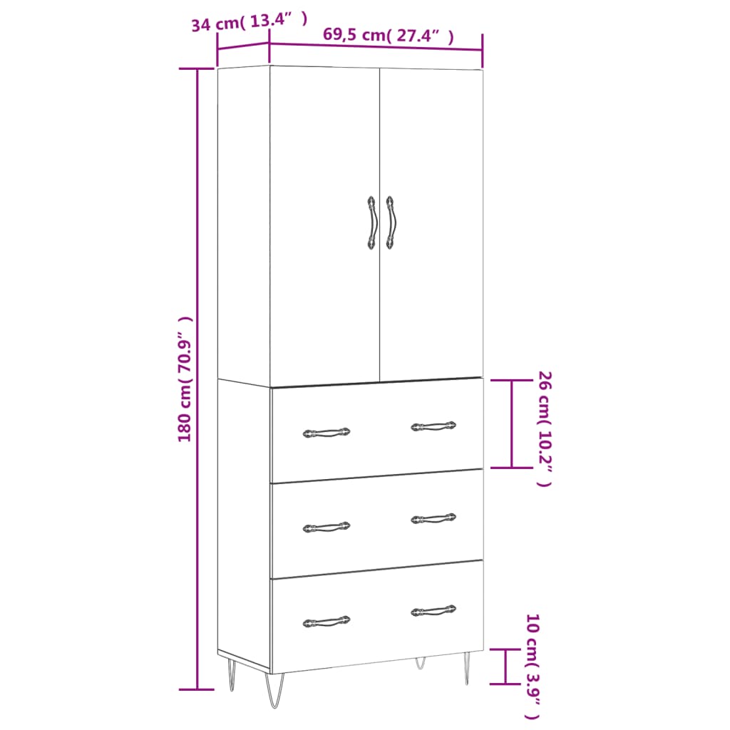 vidaXL Credenza Rovere Marrone 69,5x34x180 cm in Legno Multistrato