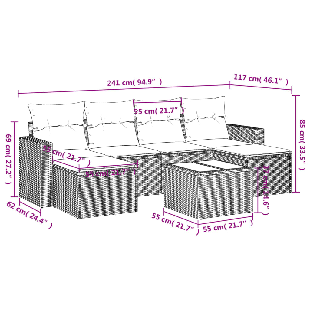 vidaXL Set Divani da Giardino 7 pz con Cuscini Grigio in Polyrattan