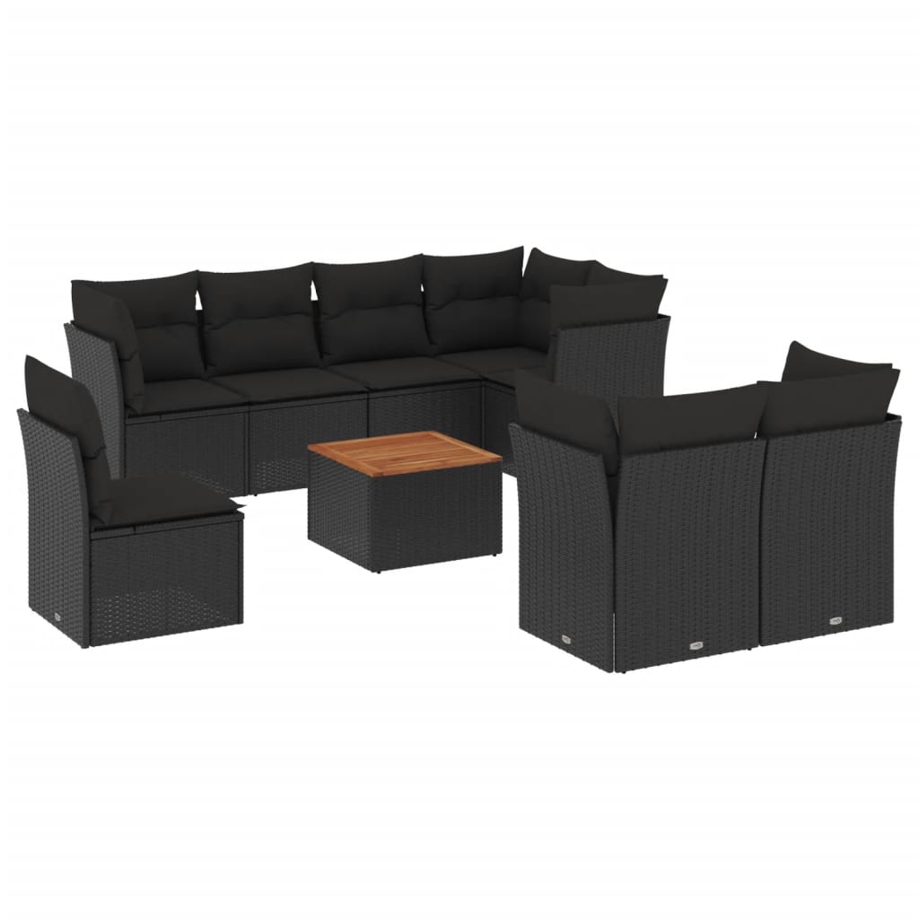 vidaXL Set Divani da Giardino 9 pz con Cuscini Nero in Polyrattan