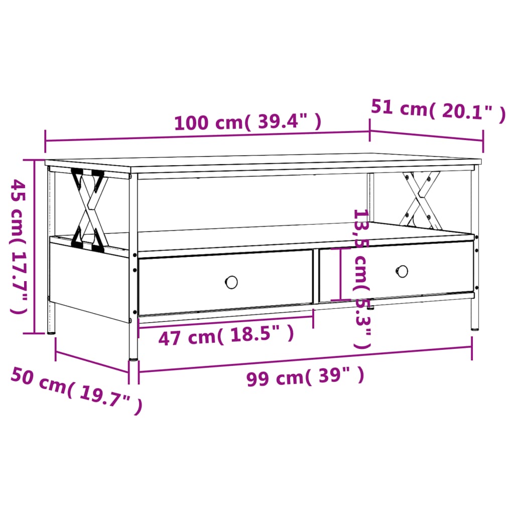 vidaXL Tavolino da Salotto Rovere Fumo 100x51x45 cm Legno Multistrato