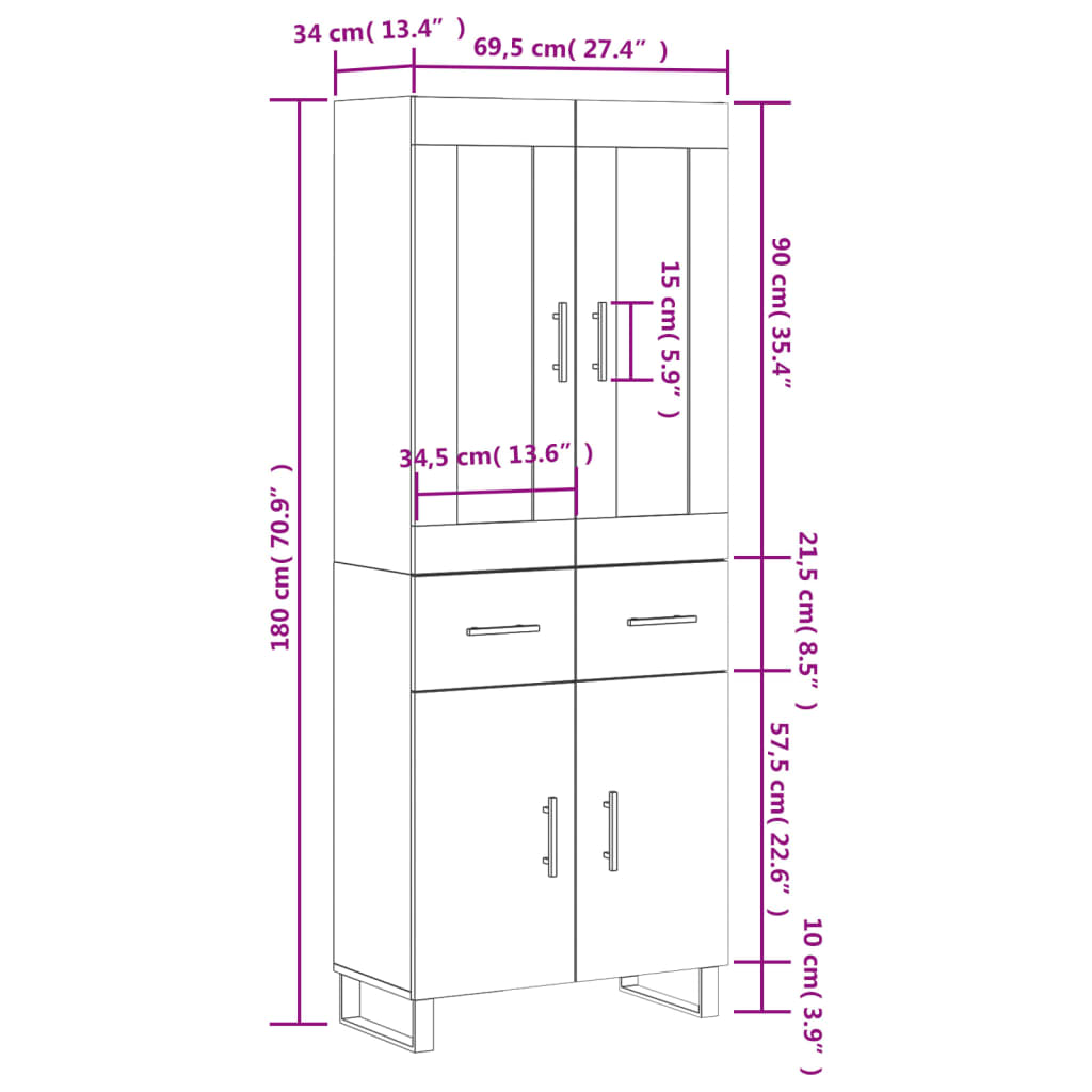 vidaXL Credenza Grigio Cemento 69,5x34x180 cm in Legno Multistrato