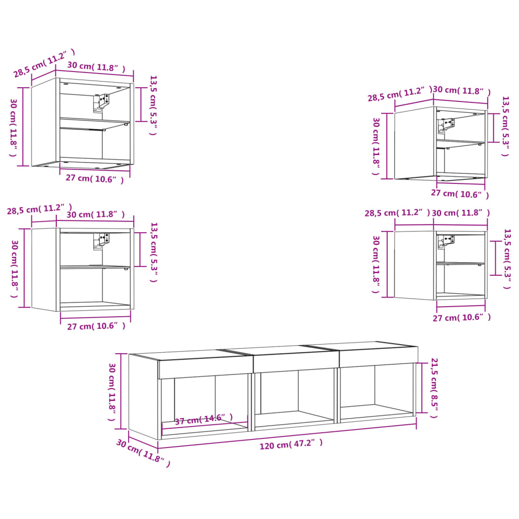 vidaXL Mobili TV a Muro con LED 7pz Rovere Fumo in Legno Multistrato