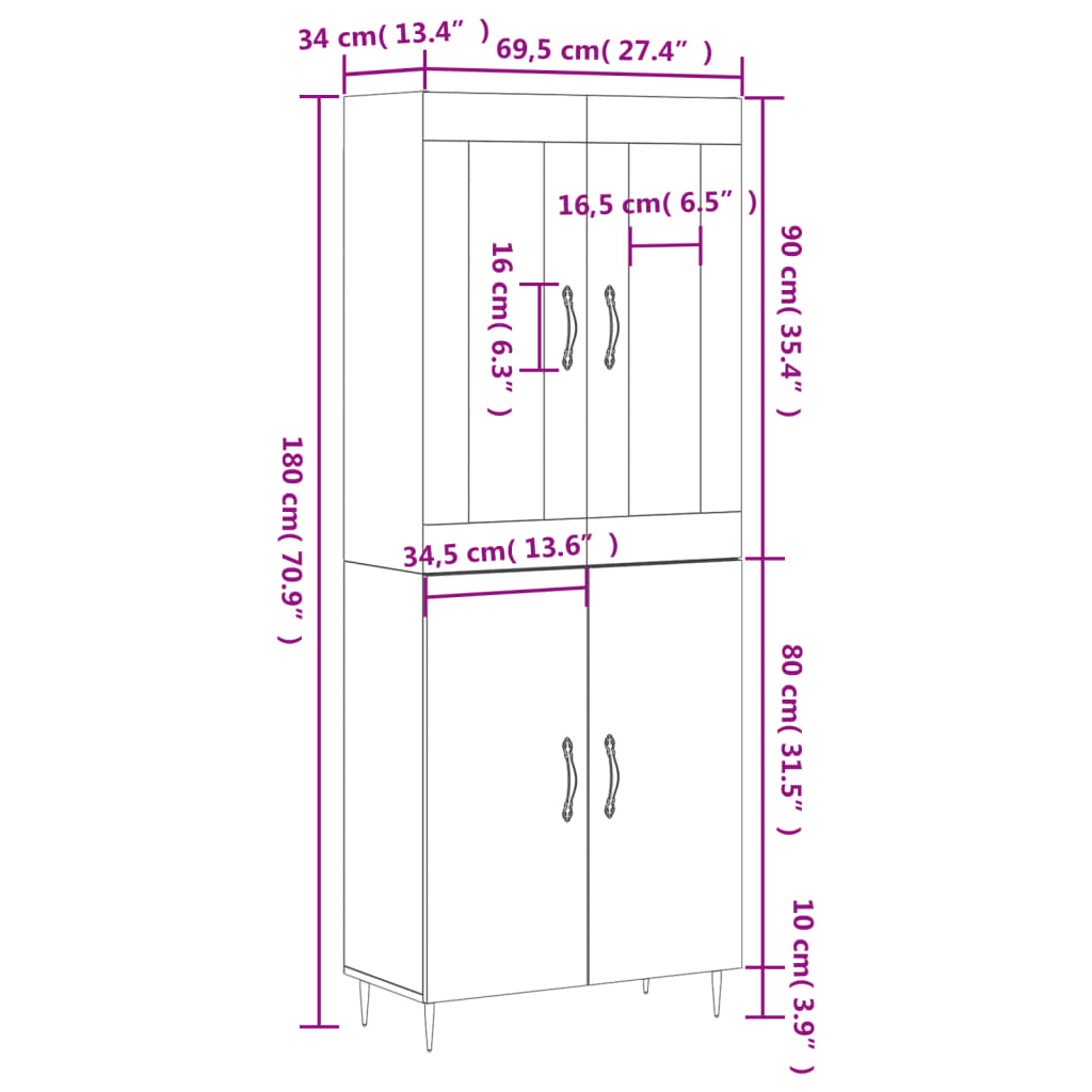 vidaXL Credenza Grigio Sonoma 69,5x34x180 cm in Legno Multistrato