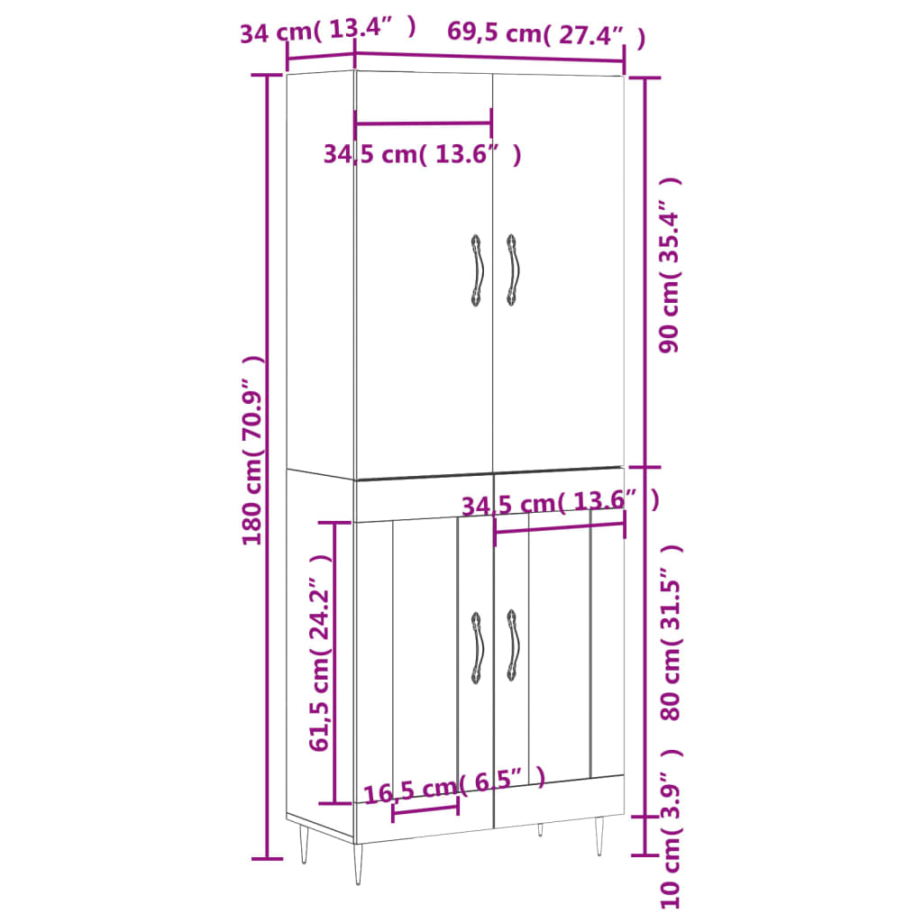 vidaXL Credenza Rovere Marrone 69,5x34x180 cm in Legno Multistrato