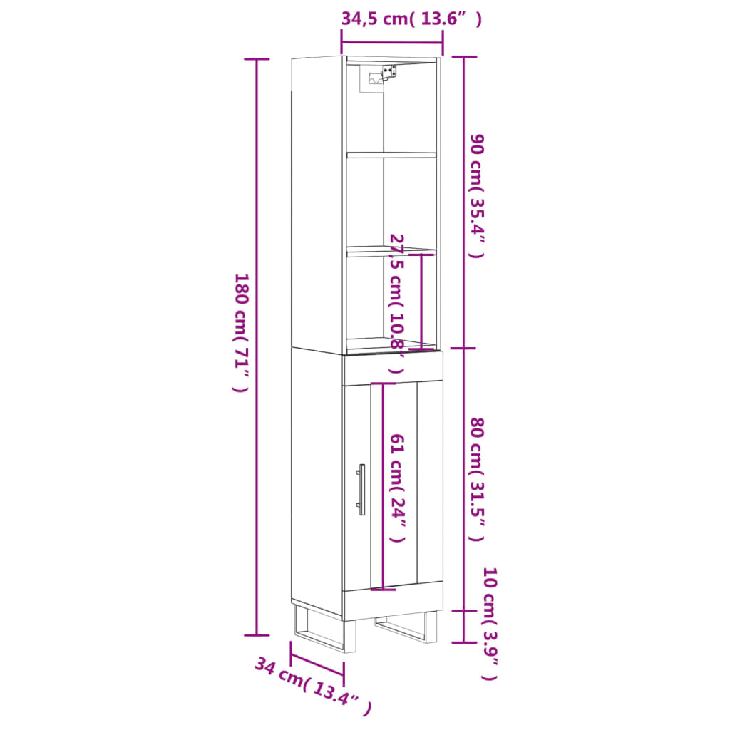 vidaXL Credenza Bianca 34,5x34x180 cm in Legno Multistrato