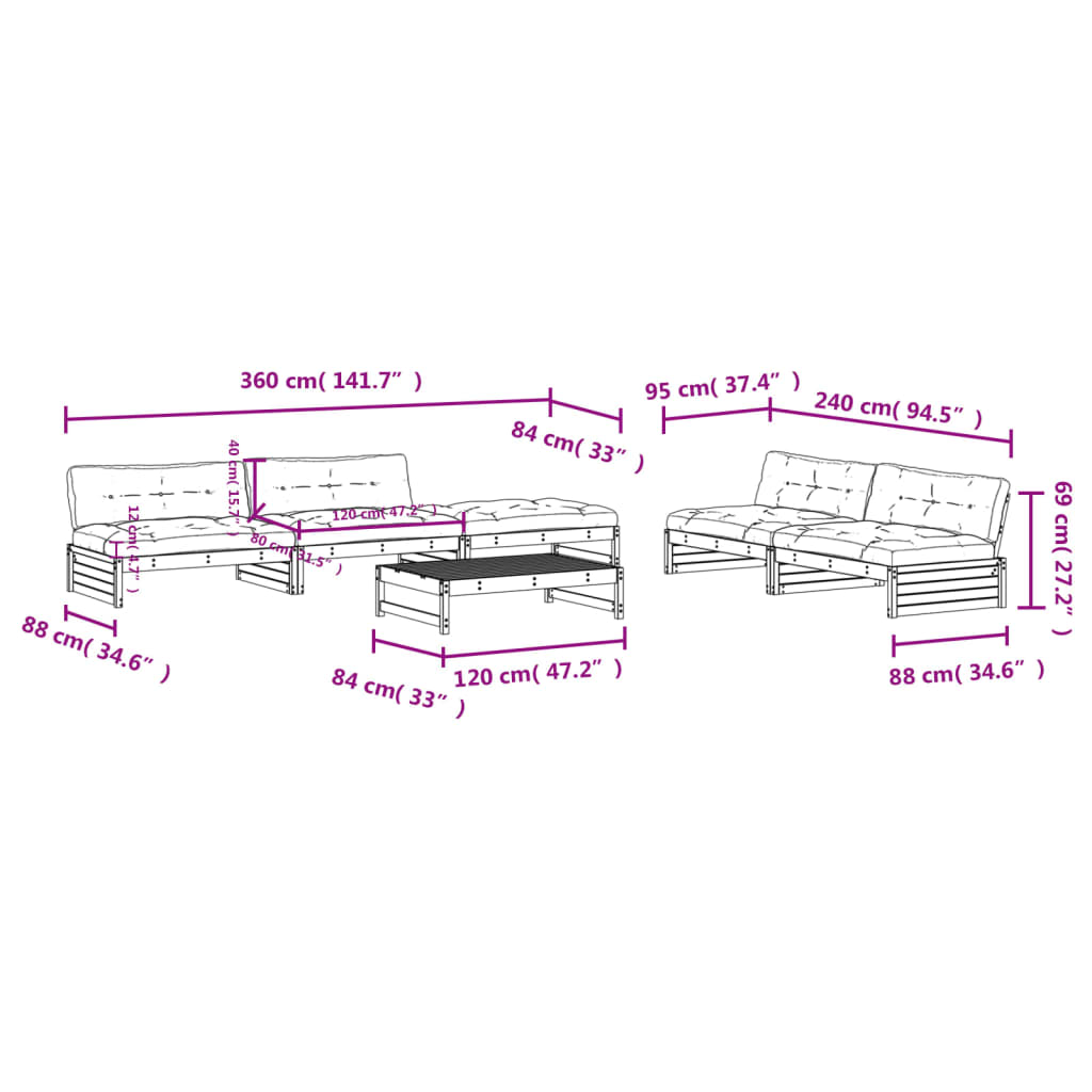 vidaXL Set Divani da Giardino 6 pz con Cuscini in Legno Massello