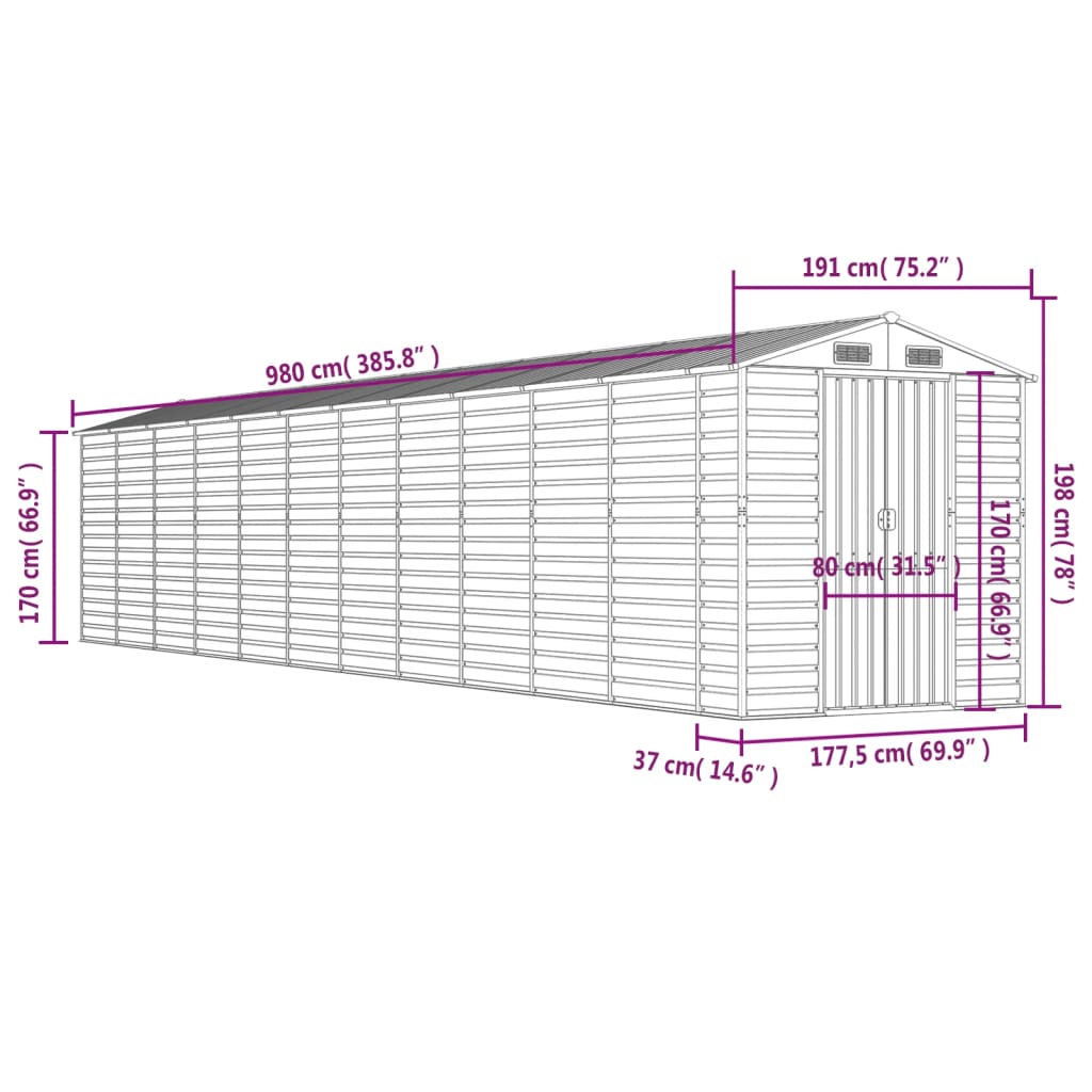 vidaXL Capanno da Giardino Grigio Chiaro 191x980x198cm Acciaio Zincato