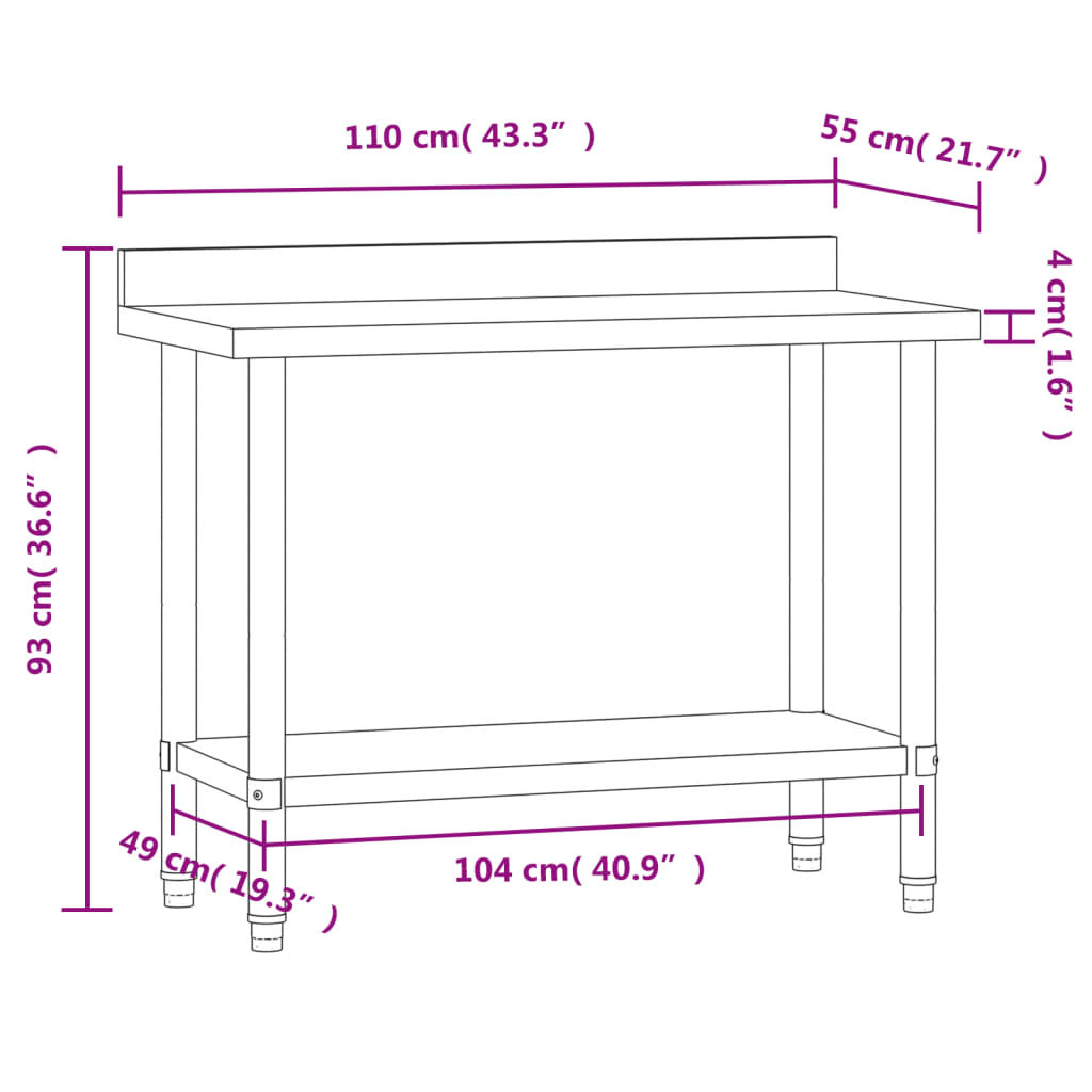 vidaXL Tavolo Lavoro Cucina con Paraschizzi 110x55x93cm Acciaio Inox