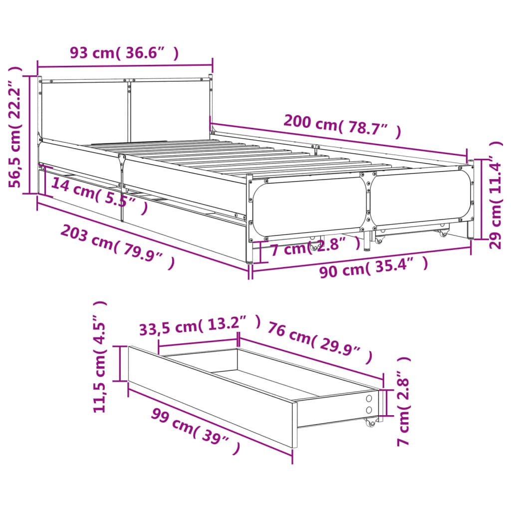 vidaXL Giroletto con Cassetti Rovere Fumo 90x200 cm Legno Multistrato