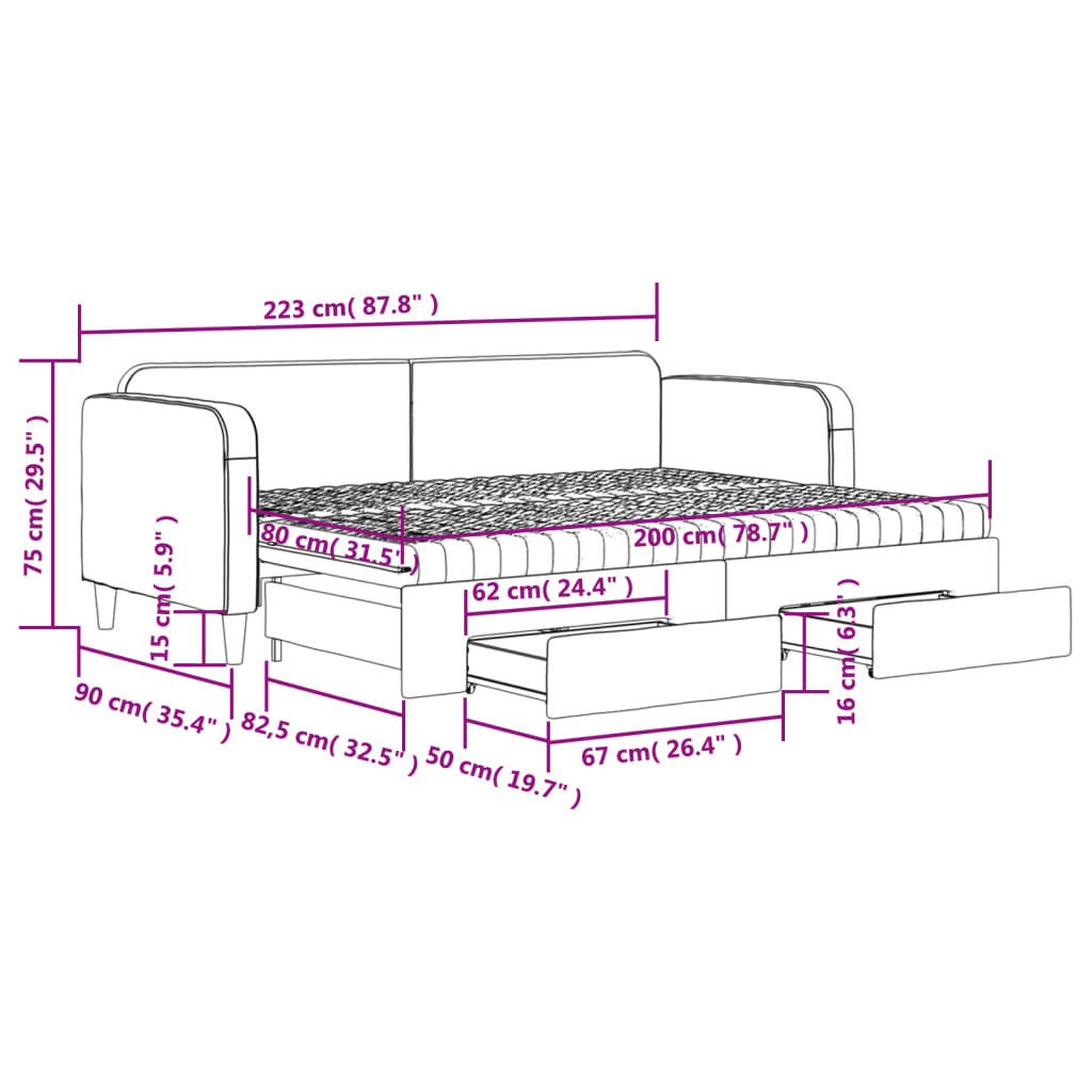 vidaXL Divano Letto Estraibile con Cassetti Tortora 80x200 cm Tessuto