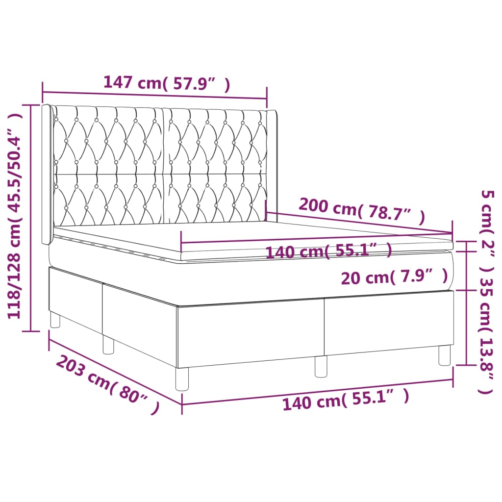 vidaXL Letto a Molle con Materasso e LED Tortora 140x200 cm in Tessuto