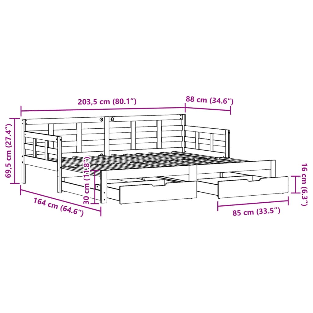 vidaXL Dormeuse con Letto Estraibile e Cassetti 80x200cm Massello Pino