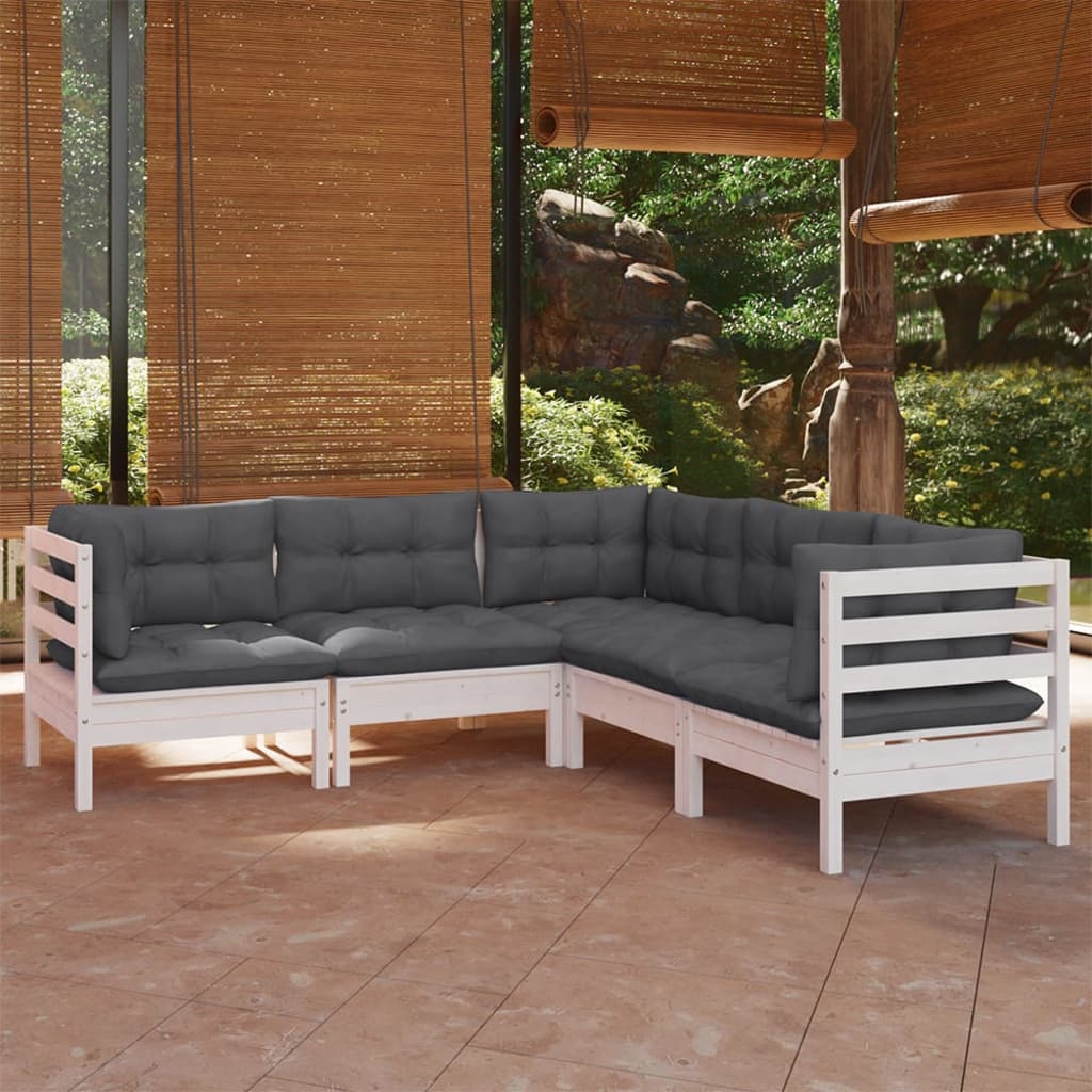 vidaXL Set Divani da Giardino 5 pz con Cuscini Bianchi Legno di Pino