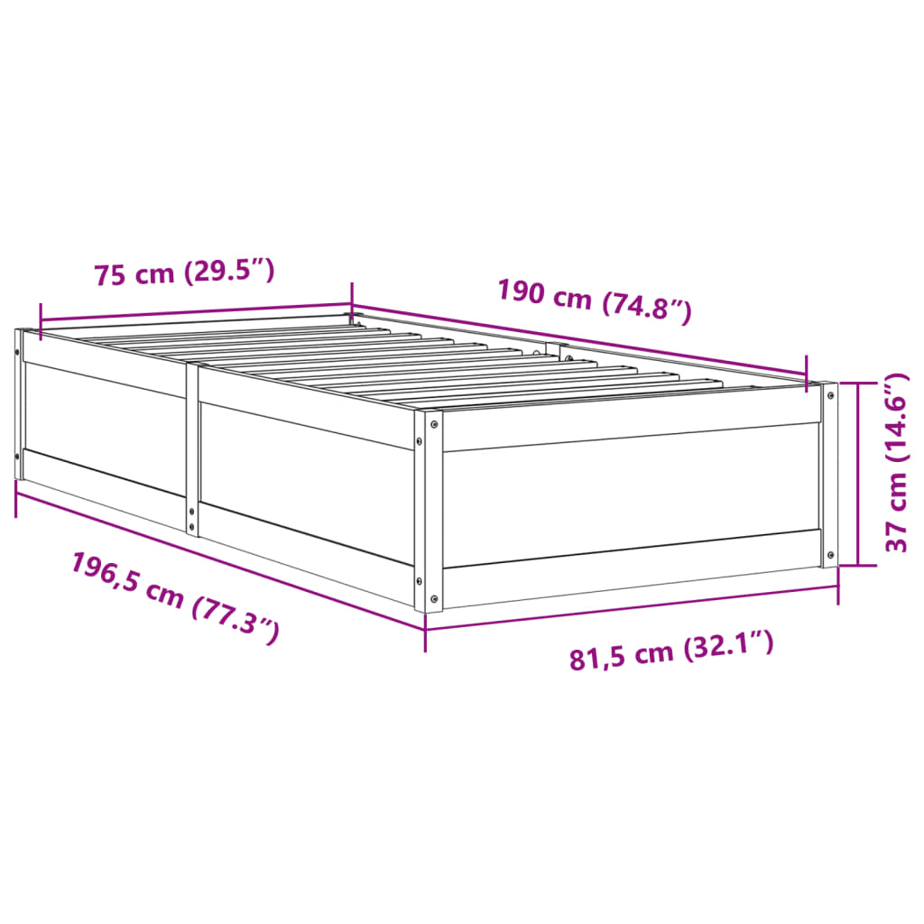 vidaXL Letto senza Materasso Bianco 75x190 in Legno Massello di Pino