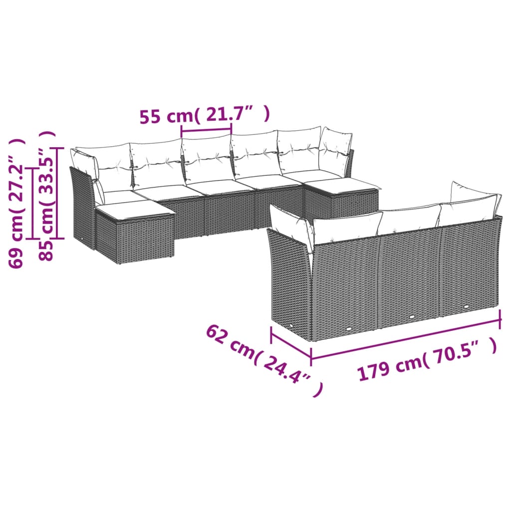 vidaXL Set Divani da Giardino 10pz con Cuscini in Polyrattan Nero