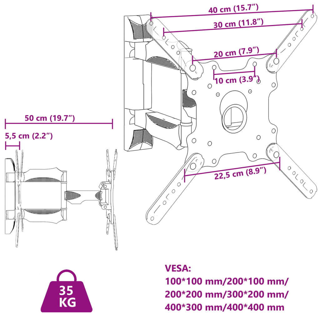 vidaXL Supporto a Parete per Schermo 32"-55" Max VESA 400x400 mm 35kg