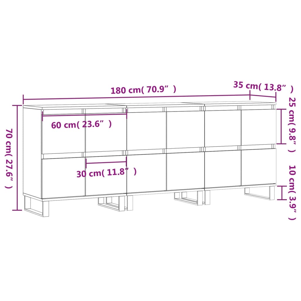 vidaXL Credenze 3 pz Grigio Sonoma in Legno Multistrato