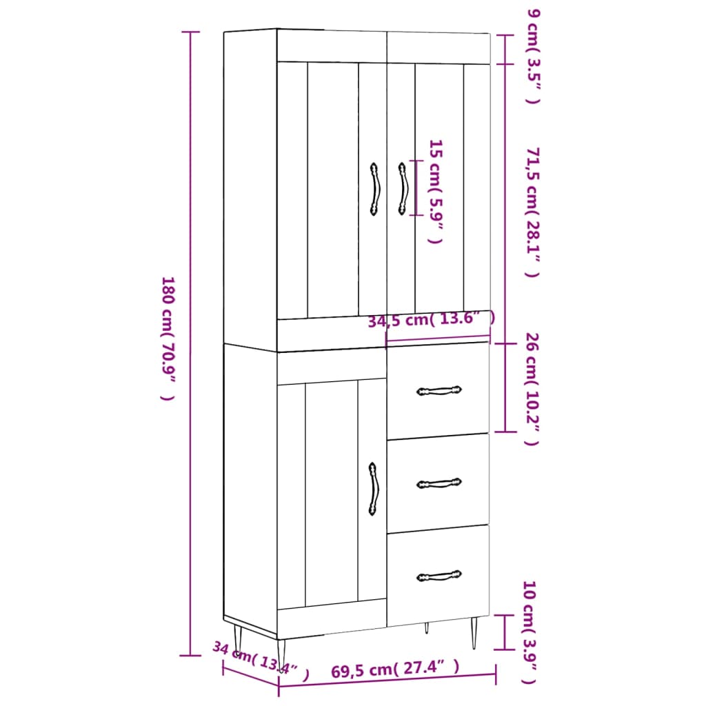 vidaXL Credenza Grigio Cemento 69,5x34x180 cm in Legno Multistrato