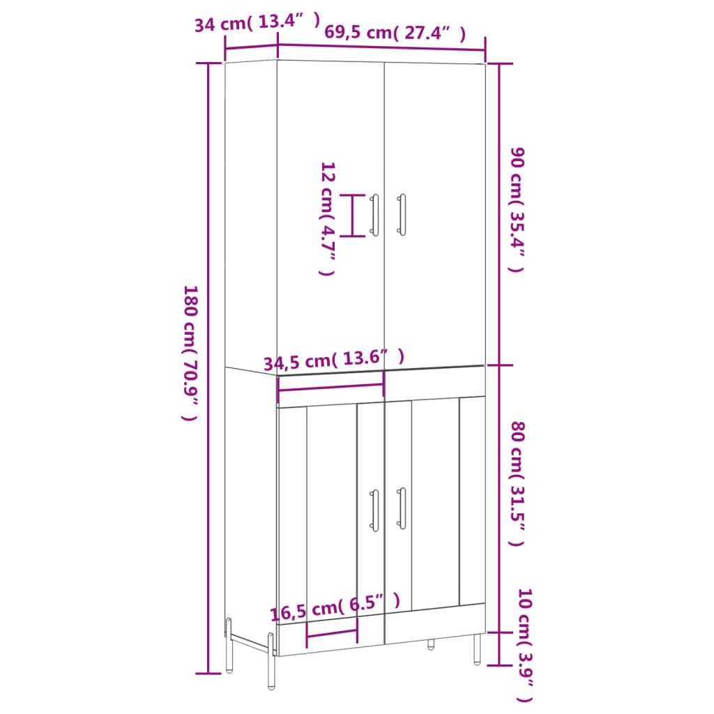 vidaXL Credenza Bianca 69,5x34x180 cm in Legno Multistrato