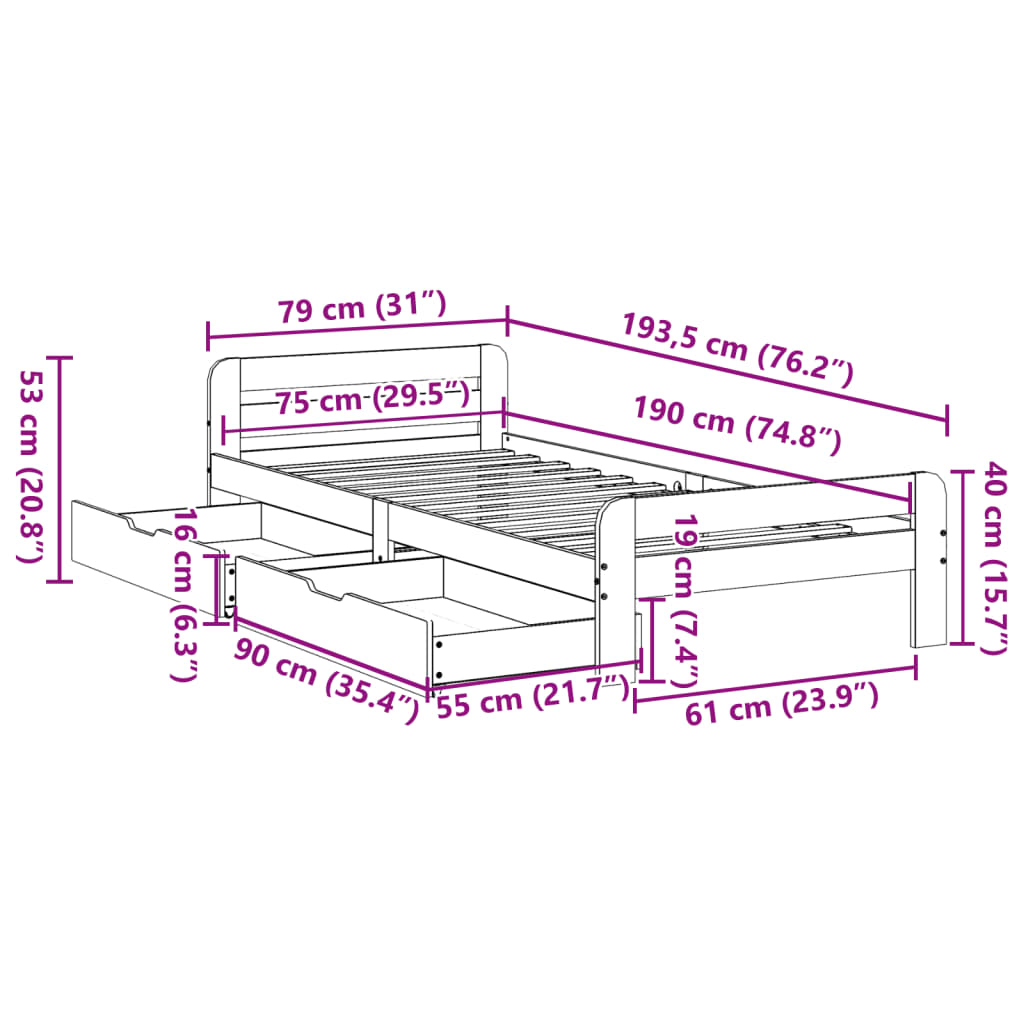 vidaXL Letto senza Materasso 75x190 cm in Legno Massello Pino