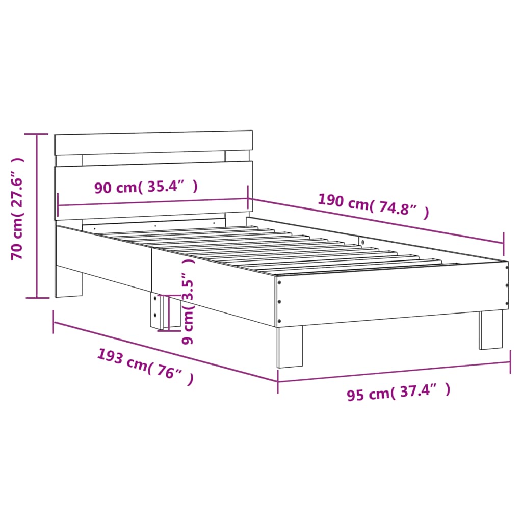 vidaXL Giroletto e Testiera Grigio Cemento 90x190 cm Legno Multistrato