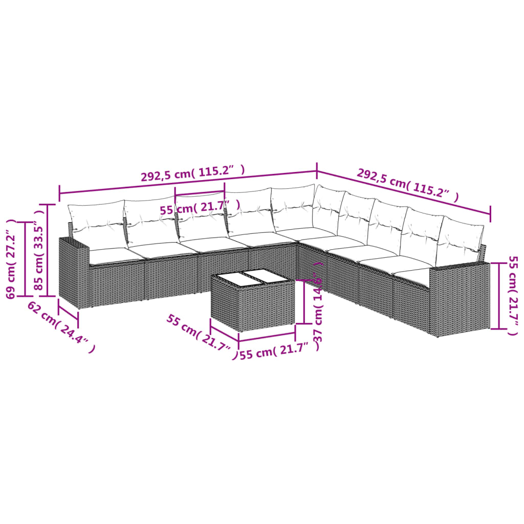 vidaXL Set Divano Giardino 10 pz con Cuscini Grigio Chiaro Polyrattan